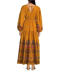 A Loves A Woven Floral Print Surplice Long Balloon Sleeve Tie Back Tiered A-Line Flounce Maxi Dress
