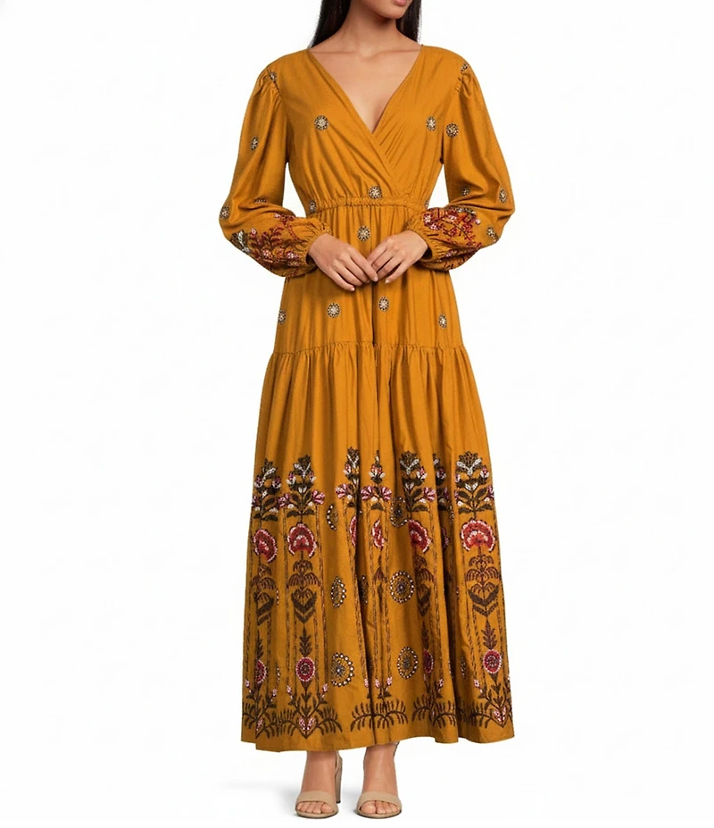 A Loves A Woven Floral Print Surplice Long Balloon Sleeve Tie Back Tiered A-Line Flounce Maxi Dress