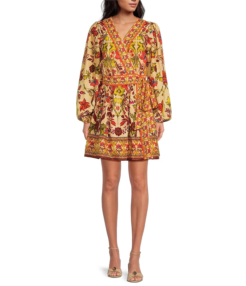 A Loves A Woven Floral Print Surplice V-Neck Long Bubble Sleeve A-Line Wrap Above the Knee Dress
