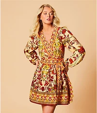 A Loves A Woven Floral Print Surplice V-Neck Long Bubble Sleeve A-Line Wrap Above the Knee Dress