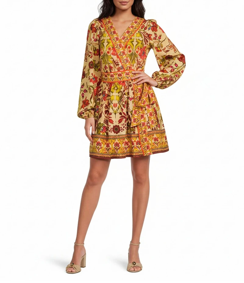 A Loves A Woven Floral Print Surplice V-Neck Long Bubble Sleeve A-Line Wrap Above the Knee Dress