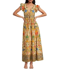 A Loves A Woven Floral Print Tie V-Neck Flutter Cap Sleeve A-Line Flounce Maxi Dress