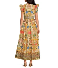 A Loves A Woven Floral Print Tie V-Neck Flutter Cap Sleeve A-Line Flounce Maxi Dress