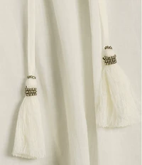 A Loves A Woven Lace Adjustable Tassel Off the Shoulder Neck Long Balloon Sleeve Coordinating Blouse