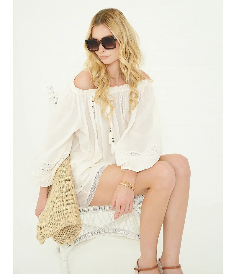 A Loves A Woven Lace Adjustable Tassel Off the Shoulder Neck Long Balloon Sleeve Coordinating Blouse