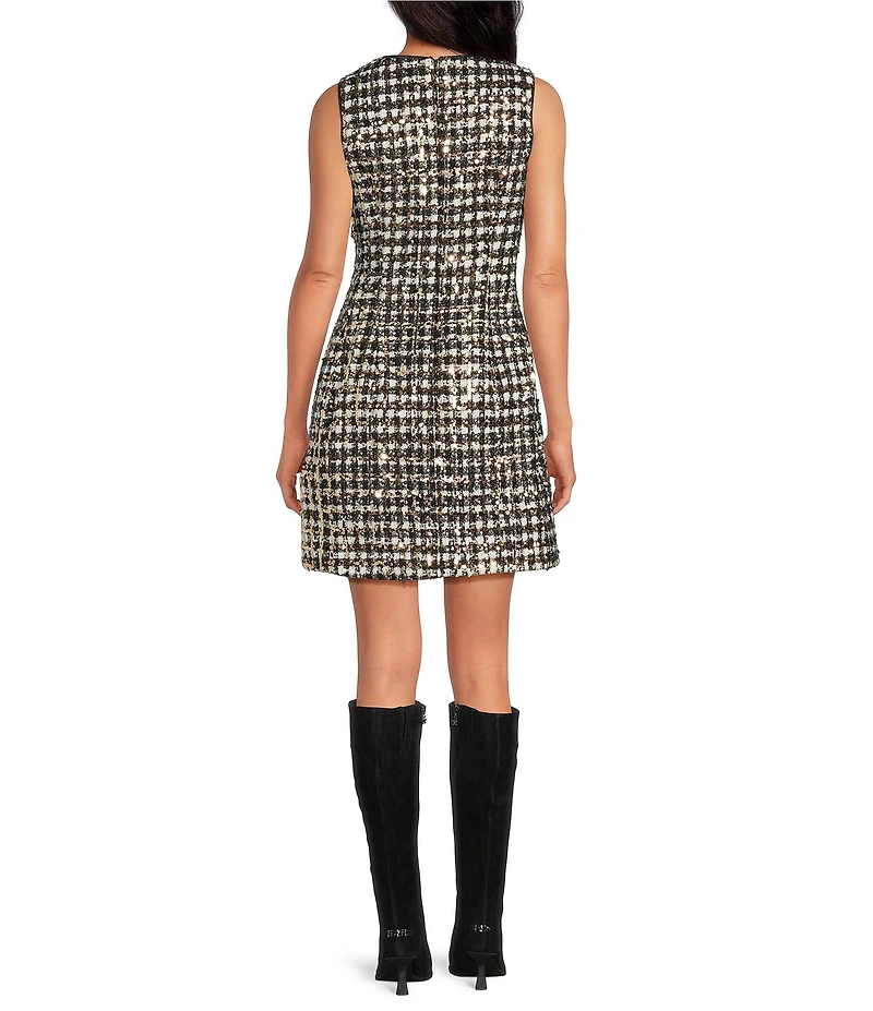 A Loves A Woven Metallic Houndstooth Crew Neck Sleeveless A-Line Coordinating Mini Dress