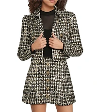 A Loves A Woven Metallic Houndstooth Point Collar Long Sleeve Button Front Cropped Coordinating Blazer