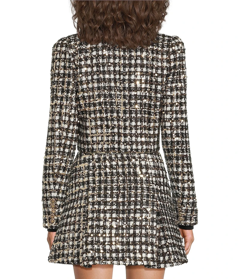 A Loves A Woven Metallic Houndstooth Point Collar Long Sleeve Button Front Cropped Coordinating Blazer