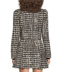 A Loves A Woven Metallic Houndstooth Point Collar Long Sleeve Button Front Cropped Coordinating Blazer