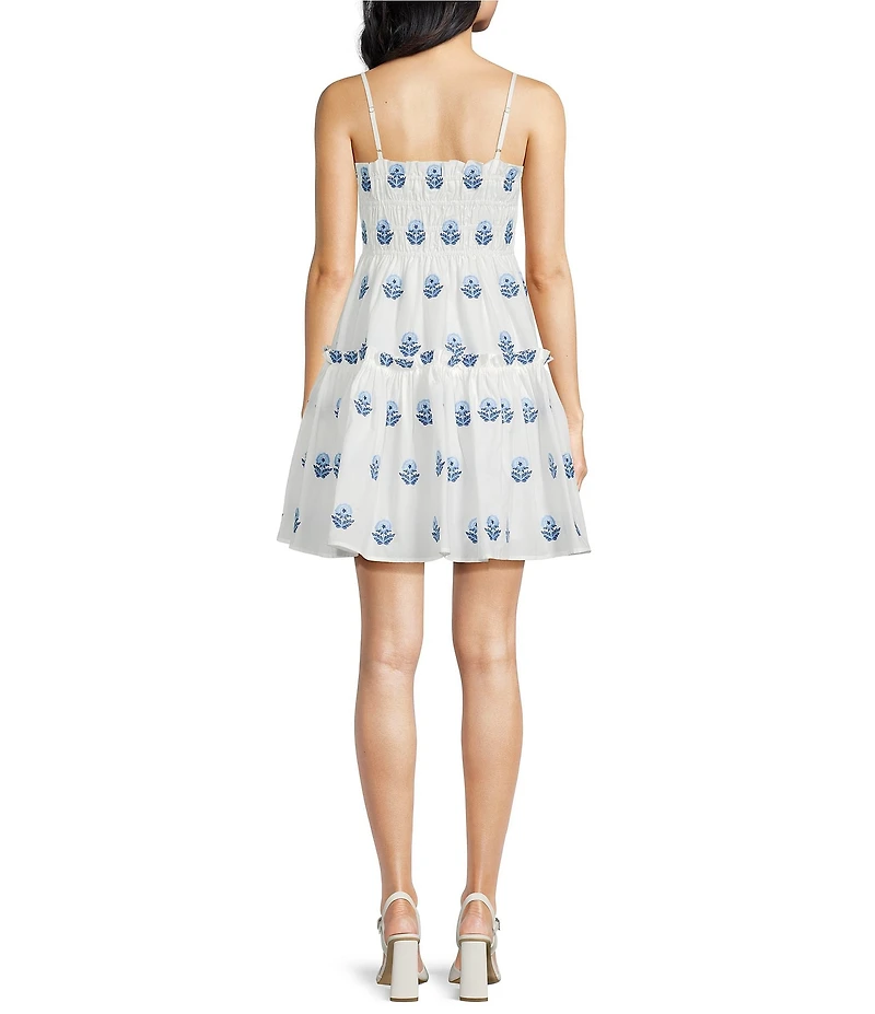 A Loves A Woven Paisley Embroidery Square Neck Spaghetti Strap Smocked Bodice Tiered A-Line Flounce Mini Dress