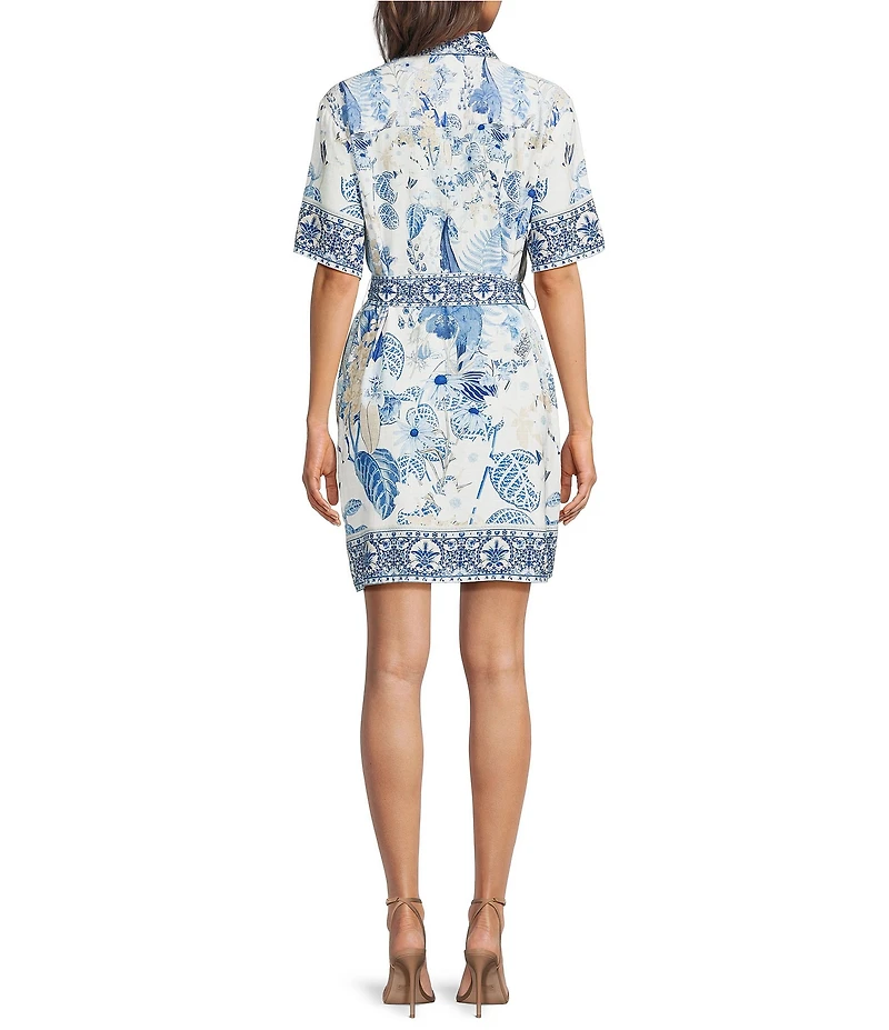 A Loves A Woven Printed Collared Short Sleeve Button Front Self-Tie Belted Mini Dress