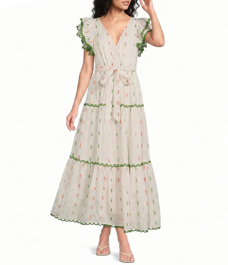 A Loves A Woven Printed Surplice Neck Ruffle Sleeve Self-Tie Belted A-Line Maxi Dress