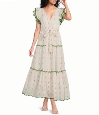 A Loves A Woven Printed Surplice Neck Ruffle Sleeve Self-Tie Belted A-Line Maxi Dress