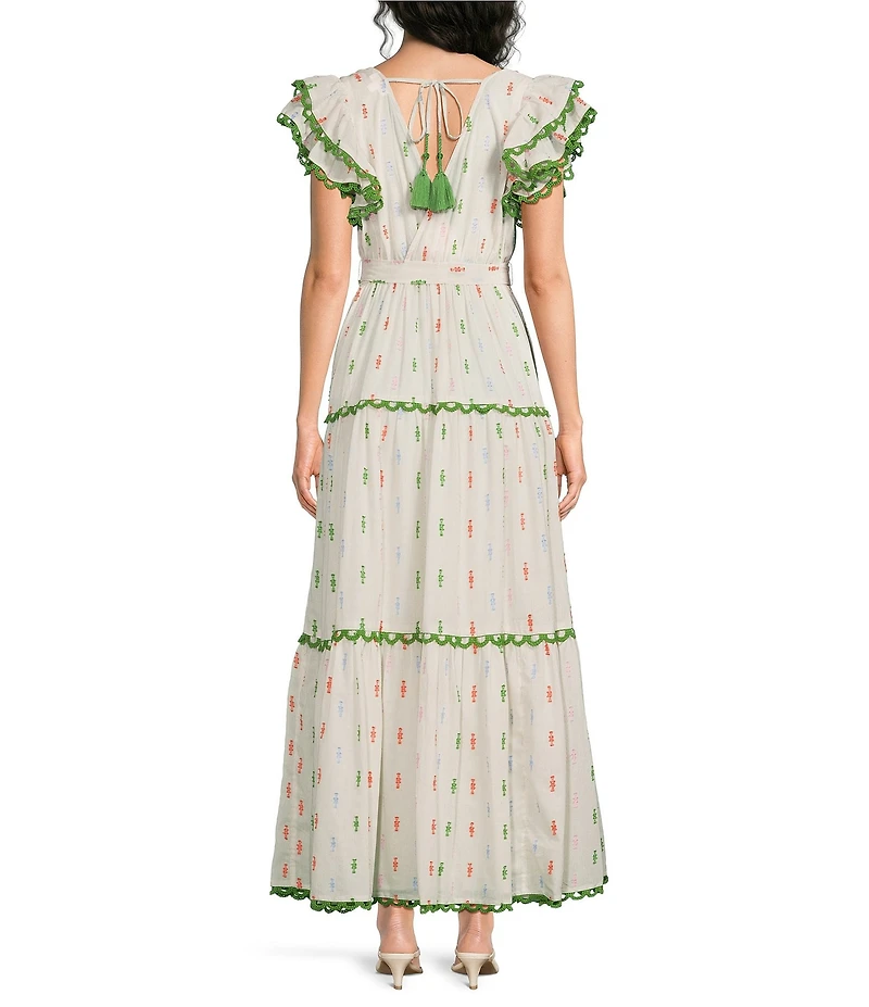 A Loves A Woven Printed Surplice Neck Ruffle Sleeve Self-Tie Belted A-Line Maxi Dress