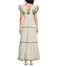 A Loves A Woven Printed Surplice Neck Ruffle Sleeve Self-Tie Belted A-Line Maxi Dress