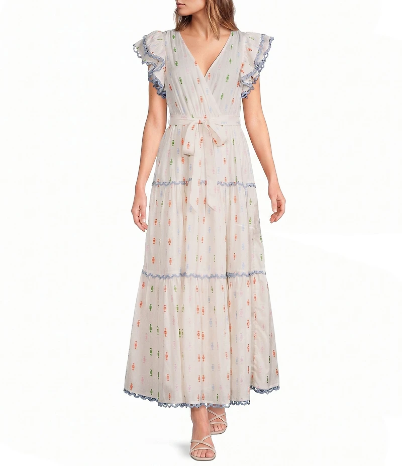 A Loves A Woven Printed Surplice Neck Ruffle Sleeve Self-Tie Belted A-Line Maxi Dress