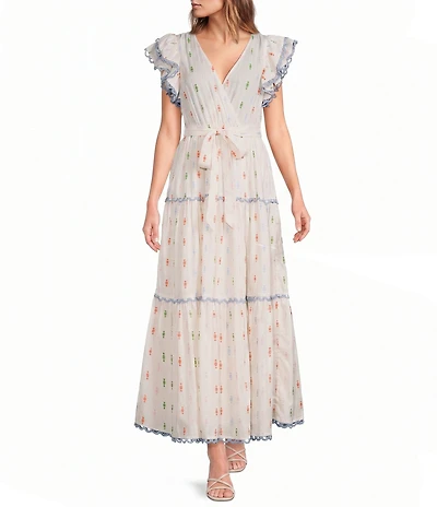 A Loves A Woven Printed Surplice Neck Ruffle Sleeve Self-Tie Belted A-Line Maxi Dress