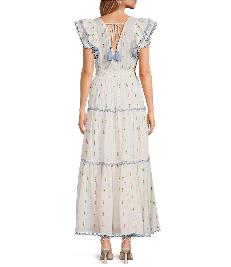 A Loves A Woven Printed Surplice Neck Ruffle Sleeve Self-Tie Belted A-Line Maxi Dress