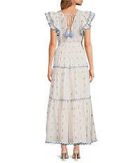 A Loves A Woven Printed Surplice Neck Ruffle Sleeve Self-Tie Belted A-Line Maxi Dress