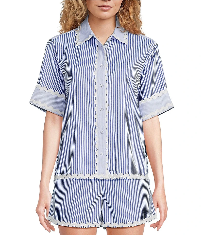 A Loves A Woven Ric Rac Trim Stripe Point Collar Scallop Hem Button Front Coordinating Shirt