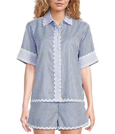 A Loves A Woven Ric Rac Trim Stripe Point Collar Scallop Hem Button Front Coordinating Shirt