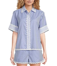A Loves A Woven Ric Rac Trim Stripe Point Collar Scallop Hem Button Front Coordinating Shirt