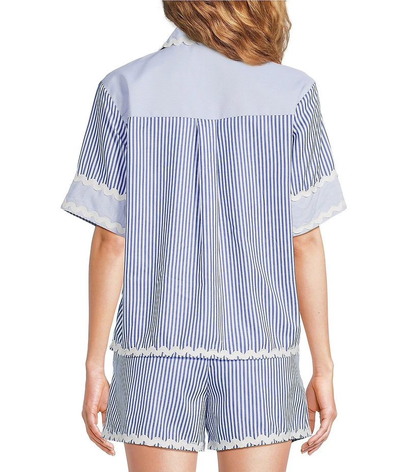 A Loves A Woven Ric Rac Trim Stripe Point Collar Scallop Hem Button Front Coordinating Shirt