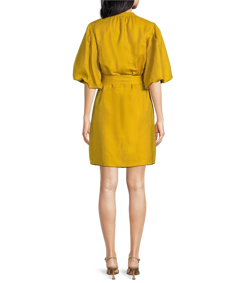 A Loves A Woven Ruched Crew Neck Short Bubble Sleeve Button Front Tie Waist Sheath Mini Dress