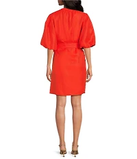 A Loves A Woven Ruched Crew Neck Short Bubble Sleeve Button Front Tie Waist Sheath Mini Dress
