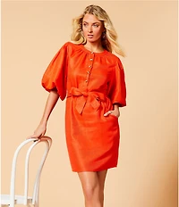 A Loves A Woven Ruched Crew Neck Short Bubble Sleeve Button Front Tie Waist Sheath Mini Dress