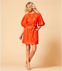 A Loves A Woven Ruched Crew Neck Short Bubble Sleeve Button Front Tie Waist Sheath Mini Dress