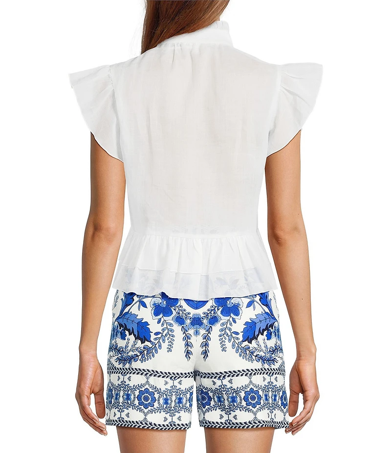 A Loves A Woven Ruffle Collar Split V-Neck Flutter Cap Sleeve Cropped Blouse