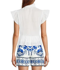 A Loves A Woven Ruffle Collar Split V-Neck Flutter Cap Sleeve Cropped Blouse