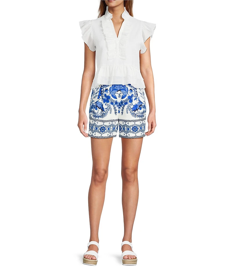 A Loves A Woven Ruffle Collar Split V-Neck Flutter Cap Sleeve Cropped Blouse
