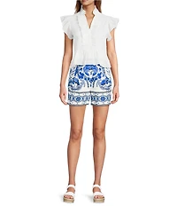 A Loves A Woven Ruffle Collar Split V-Neck Flutter Cap Sleeve Cropped Blouse