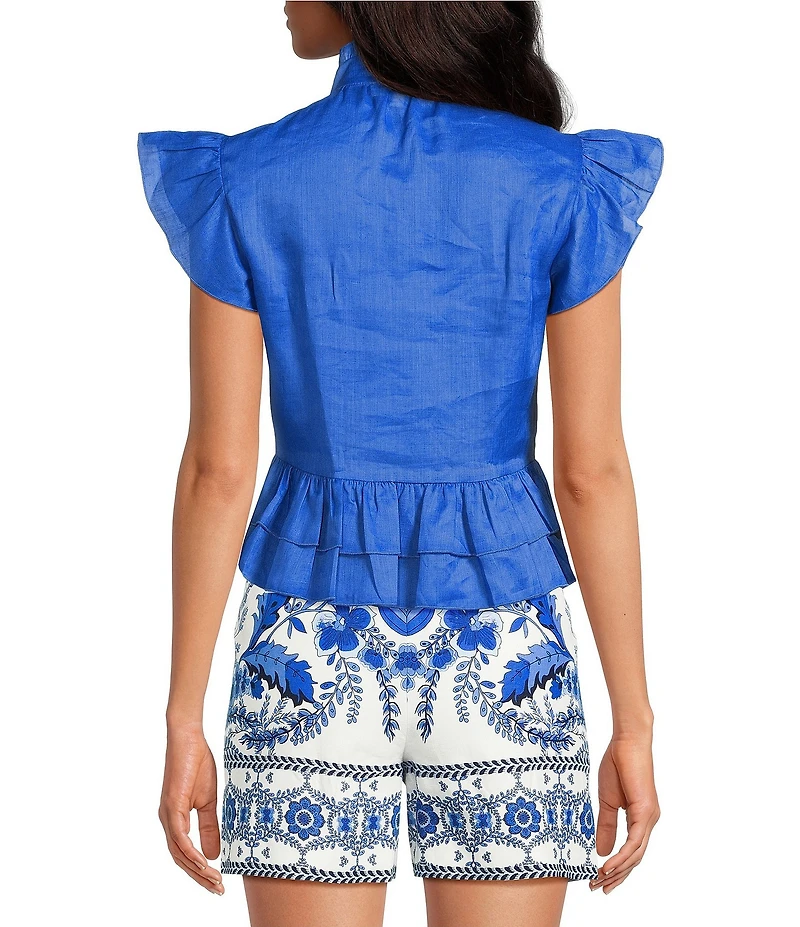 A Loves A Woven Ruffle Collar Split V-Neck Flutter Cap Sleeve Cropped Blouse