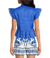 A Loves A Woven Ruffle Collar Split V-Neck Flutter Cap Sleeve Cropped Blouse
