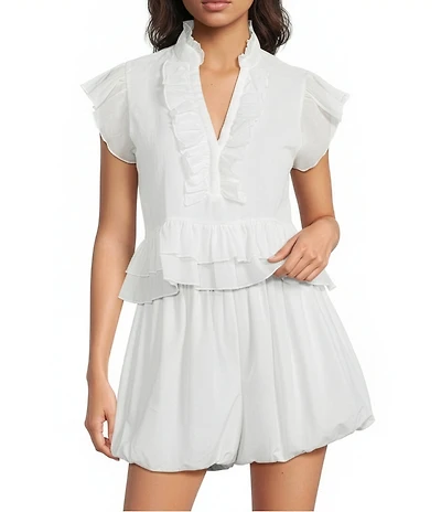 A Loves A Woven Ruffle Collar Split V-Neck Flutter Cap Sleeve Cropped Blouse