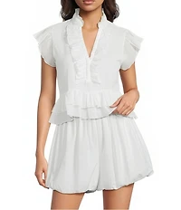 A Loves A Woven Ruffle Collar Split V-Neck Flutter Cap Sleeve Cropped Blouse
