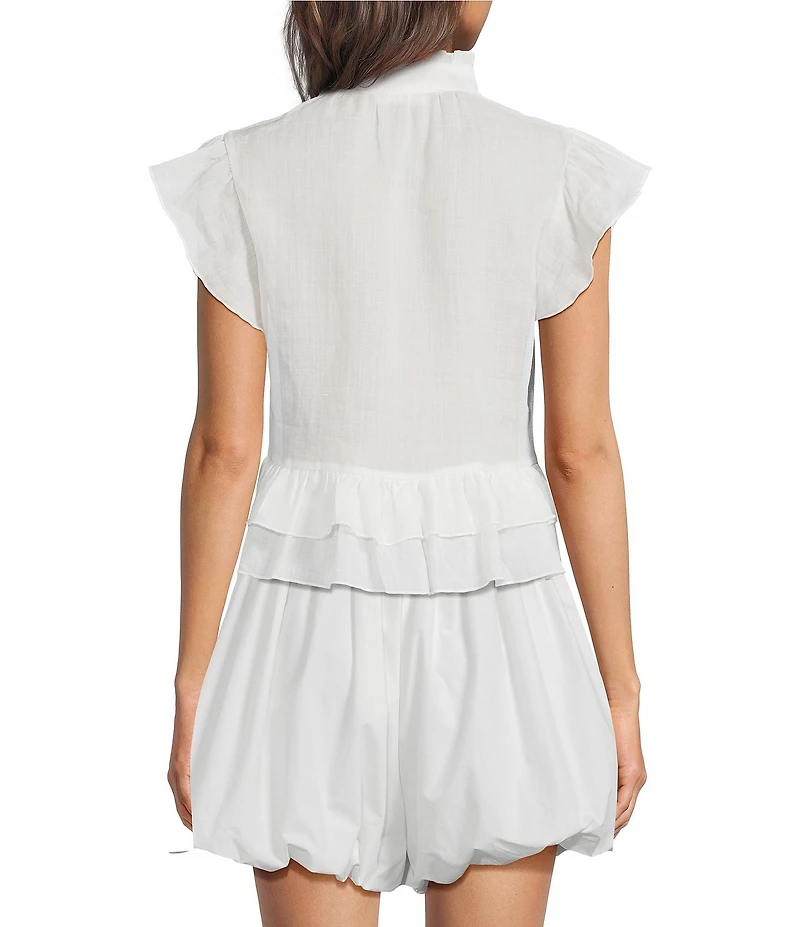 A Loves A Woven Ruffle Collar Split V-Neck Flutter Cap Sleeve Cropped Blouse