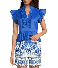 A Loves A Woven Ruffle Collar Split V-Neck Flutter Cap Sleeve Cropped Blouse