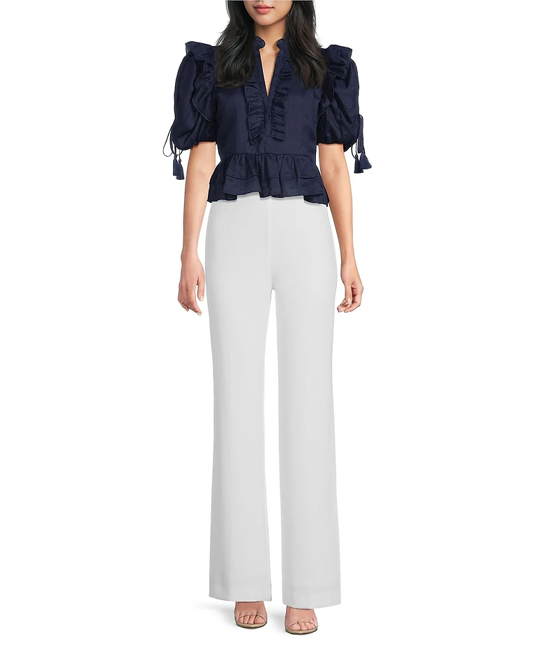 A Loves A Woven Ruffle Split V-Neck Short Bubble Sleeve Cropped Flounce Blouse