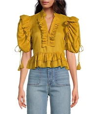 A Loves A Woven Ruffle Split V-Neck Short Bubble Sleeve Cropped Flounce Blouse