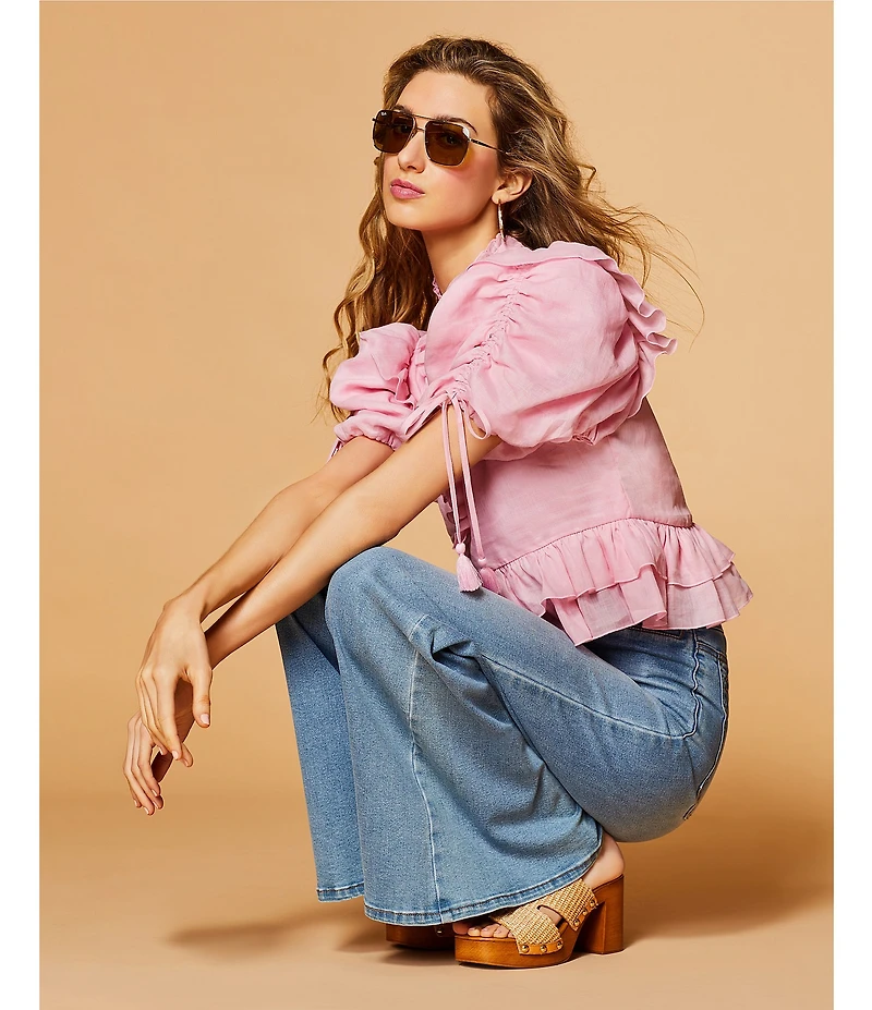 A Loves A Woven Ruffle Split V-Neck Short Bubble Sleeve Cropped Flounce Blouse