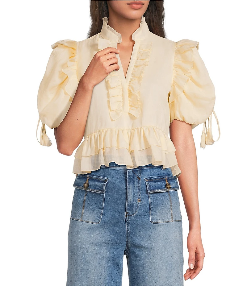 A Loves A Woven Ruffle Split V-Neck Short Bubble Sleeve Cropped Flounce Blouse