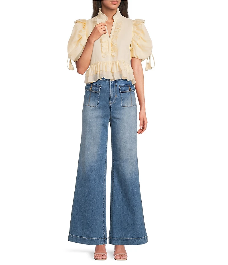 A Loves A Woven Ruffle Split V-Neck Short Bubble Sleeve Cropped Flounce Blouse