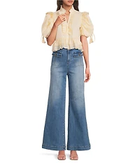 A Loves A Woven Ruffle Split V-Neck Short Bubble Sleeve Cropped Flounce Blouse