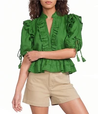A Loves A Woven Ruffle Split V-Neck Short Bubble Sleeve Cropped Flounce Blouse