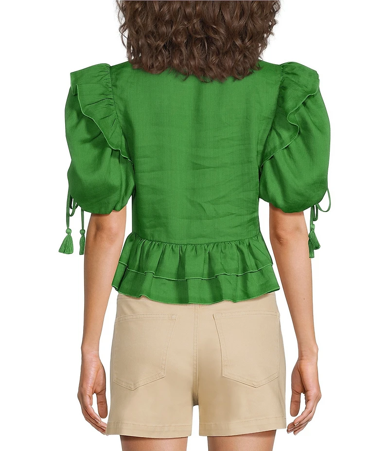 A Loves A Woven Ruffle Split V-Neck Short Bubble Sleeve Cropped Flounce Blouse