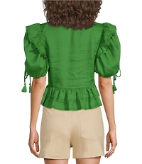 A Loves A Woven Ruffle Split V-Neck Short Bubble Sleeve Cropped Flounce Blouse
